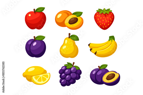 Assortment of vibrant cartoon fruits glowing against a dark background