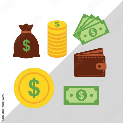 Collection of money-related icons including a money bag, coins, bills, and a wallet on a light gray background