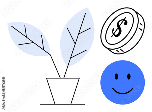 Financial growth concept. Growth illustrated with a potted plant, dollar coin, and blue happy face positivity and prosperity. Ideal for finance, economy, sustainability, happiness, motivation