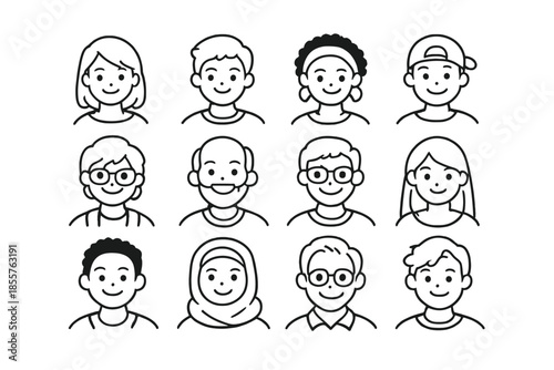 Diverse Set of Simple Icon Faces with Different Hairstyles and Accessories