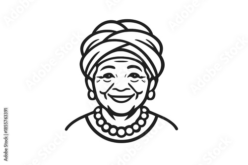 Stylized drawing of an elderly woman with a headwrap and pearls