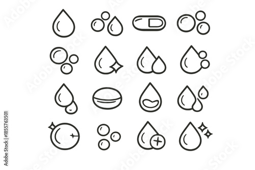 Set of line icons with drops, pills, and bubbles