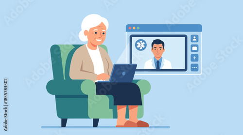 An elderly woman using a laptop for a video call with a medical professional in a comfortable living room setting