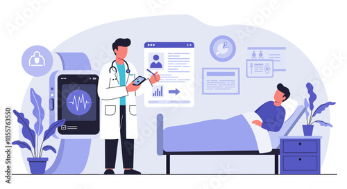 Doctor consulting patient in a hospital room with modern medical technology and comfortable furnishings