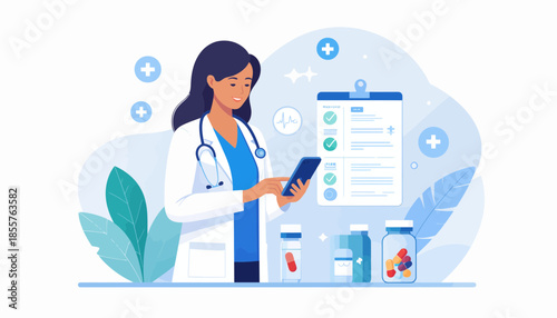 A female doctor reviewing a patient's medical chart on a digital device