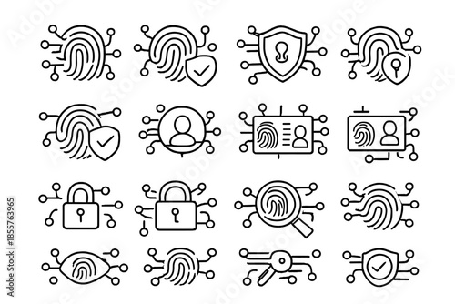 Hand drawn digital security and biometric icons set