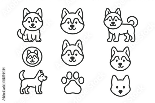Cute Siberian Husky Dog Line Art Icons Set