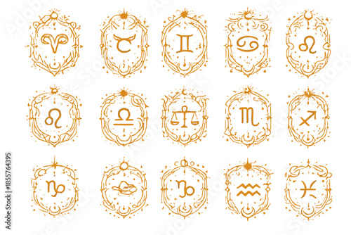 Zodiac Constellations and Symbols on a Textured Background