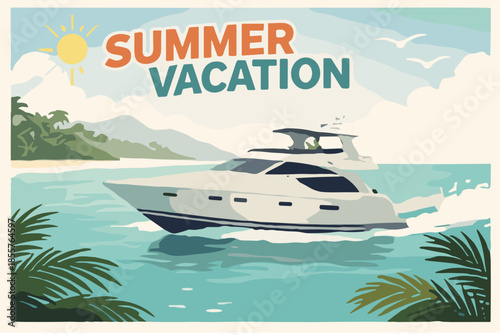 Luxury Yacht Sailing in Tropical Bay Summer Vacation Illustration