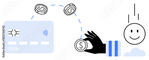 Digital payment. Digital payment with credit card, coins, and hand transferring funds to a smiling face. Digital payment for e-commerce, fintech, online shopping, banking, transactions