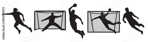 silhouette of handball players in action near the goal
