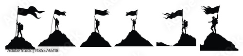 Silhouettes of hikers with flags on mountain peaks