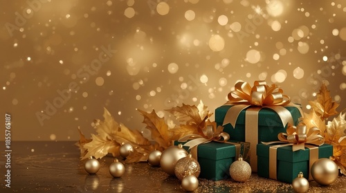 Gifts of Festivity: Exquisite green gift boxes, adorned with golden ribbons and elegant ornaments, evoke a sense of warmth and celebration. Perfect for festive occasions.