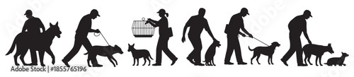  silhouettes of people interacting with dogs in various 