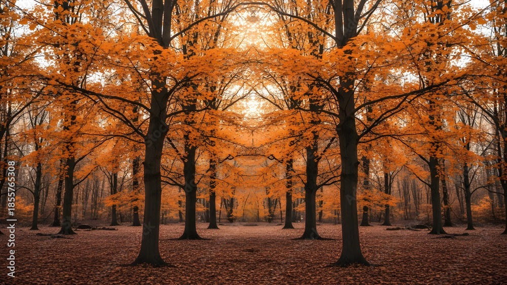 Fototapeta premium Vibrant autumn forest with golden leaves and sunlight filtering through trees