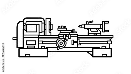 Lathe Machine Technical Line Drawing Diagram.