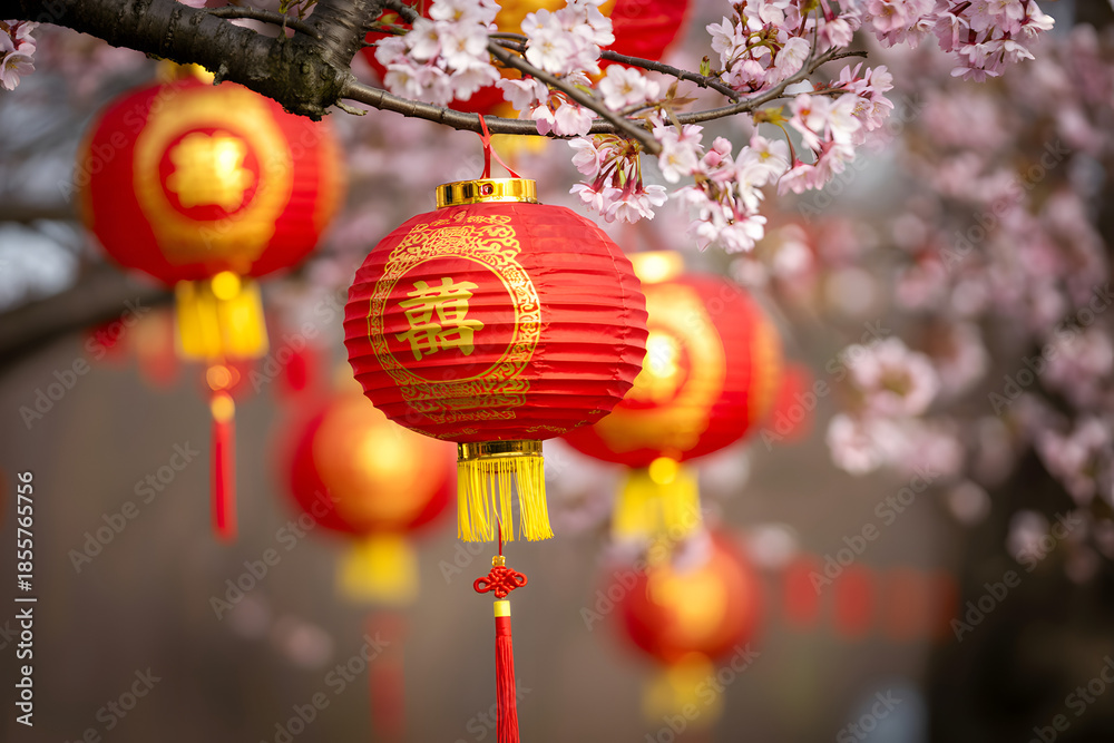 Obraz premium Lunar New Year Celebration: Red lanterns with golden accents adorn a blooming cherry tree, embodying the spirit of festivity, prosperity, and the fresh start of a new lunar cycle. 