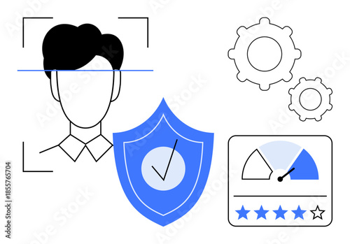 Facial recognition concept a face scan, shield for data security, gears for process automation, and performance metrics. Perfect for privacy, security tools, biometrics, AI development, and rating