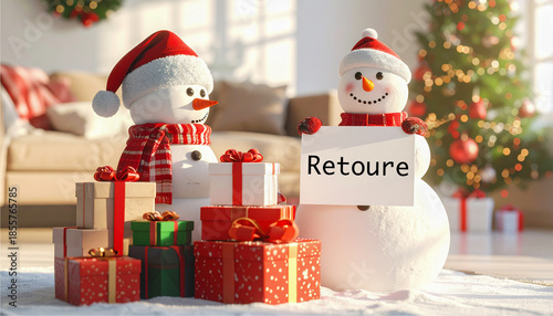 snowman with gifts holding an sign text Retoure