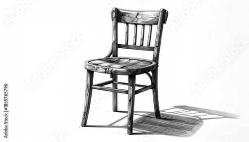 A detailed pencil sketch depicts an old wooden chair, casting a long shadow