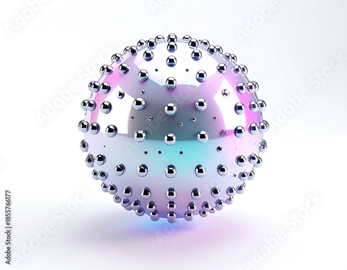 Iridescent sphere adorned with smaller spheres, floating on white