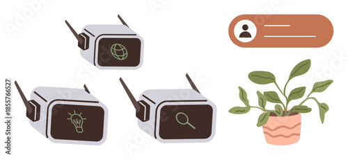 Three VR headsets displaying icons for innovation, global connectivity, and search alongside a user profile card and houseplant. Ideal for technology, creativity, exploration, networking, research