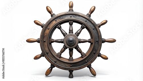 A detailed, wooden ship's wheel against a clean, white background