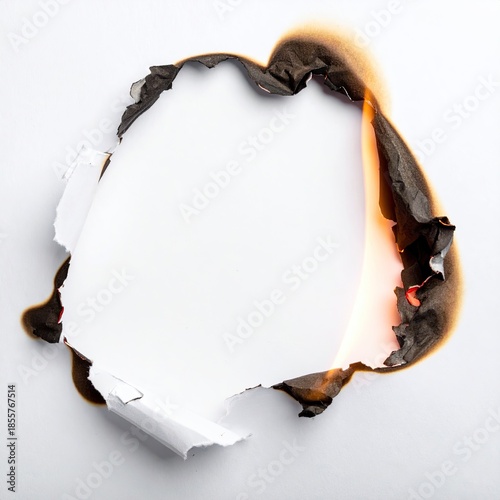 A hole burned through white paper, edge flames