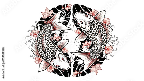 Koi fish tattoo vector with lotus flower, Japanese style tattoo illustration