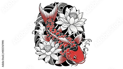 Koi fish tattoo vector with lotus flower, Japanese style tattoo illustration