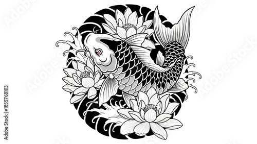 Koi fish tattoo vector with lotus flower, Japanese style tattoo illustration