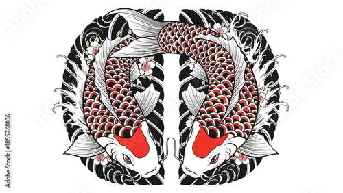Koi fish tattoo vector with lotus flower, Japanese style tattoo illustration