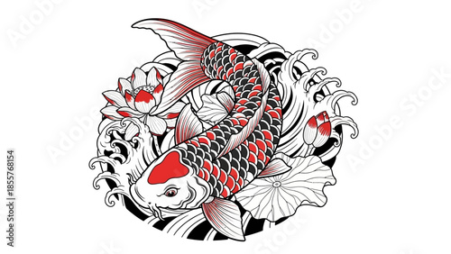 Koi fish tattoo vector with lotus flower, Japanese style tattoo illustration