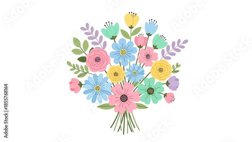 Colorful spring floral design featuring a happy Easter egg with garden flowers and a pink butterfly illustration on a white background vector