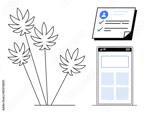 Abstract tropical plants beside a digital profile card and mobile interface mockup. Ideal for personal branding, app design, technology, eco-awareness, modern aesthetics, digital identity, simple