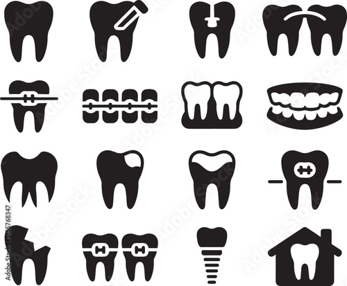 Collection of Dental Icons Illustrating Various Teeth Conditions and Treatments
