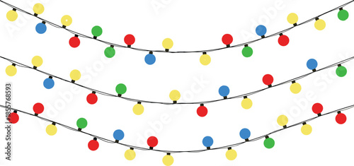 Colorful round string lights in festive curved arrangement with yellow, red, green, and blue bulbs for decoration