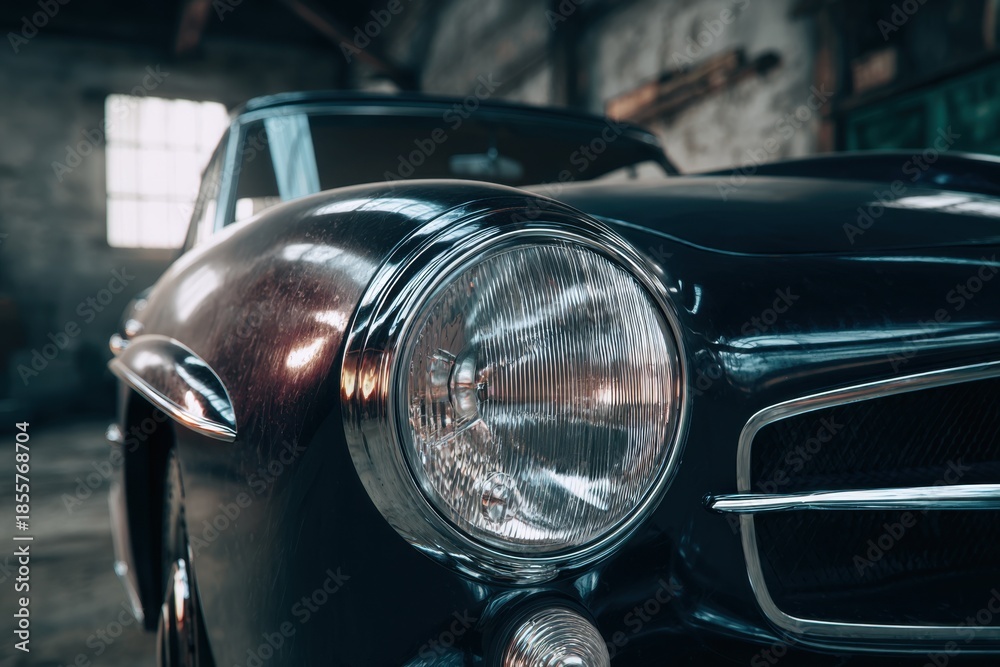 Fototapeta premium Close up view of the classic headlight on a vintage car parked inside an old garage showcasing timeless design and craftsmanship in the soft light of a late afternoon