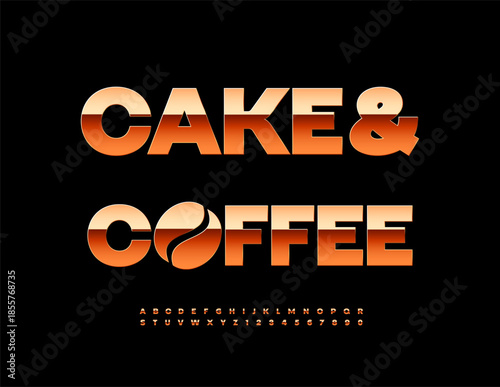 Vector Marketing template Cake and Coffee. Exclusive Golden Font. Classic Alphabet Letters and Numbers set.