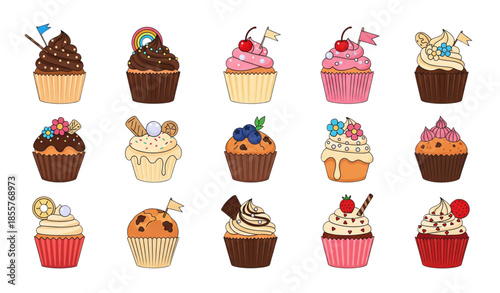 Cupcakes flat icon vector set with birthday and wedding muffins isolated on white background
