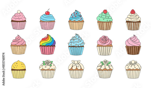 Delicious cupcake flat icon vector set with wedding and birthday muffins isolated on white background