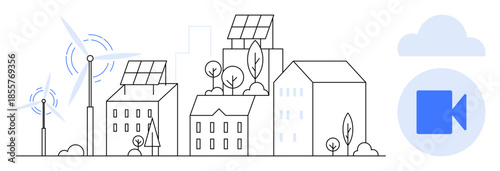 Renewable energy, smart cities, environmental sustainability, sustainable architecture, technology integration, energy efficiency. ion of buildings with solar panels, turbines, and a video cloud