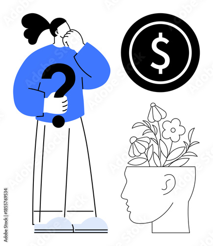 Person holding a question mark, dollar sign enclosed in a circle, and a blooming head outline. Ideal for decision-making, personal growth, creativity, finance, curiosity, introspection abstract