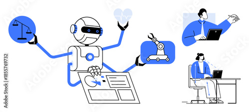 Artificial intelligence. Artificial intelligence managing automation, robotics, and ethical tasks. Artificial intelligence enhancing productivity and decision-making. For innovation, technology