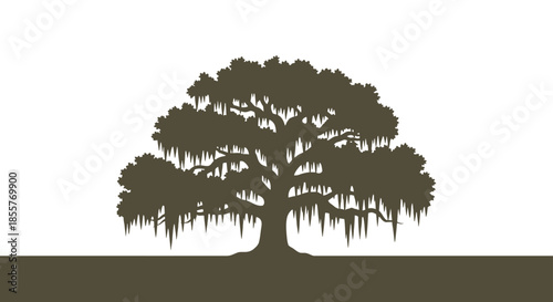 live oak tree silhouette with spanish moss hanging from branches on white background vector illustration for branding logo or southern design