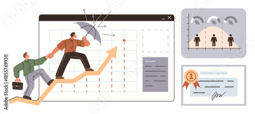 Team climbing arrow graph under protection, analyzing data charts, studying probability curves, and earning certifications. Ideal for success, growth, leadership, risk management, data analytics