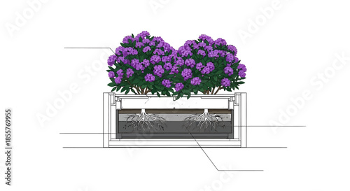 self watering planter cross section diagram with flowering shrubs and root system showing soil layers for gardening education and product design
