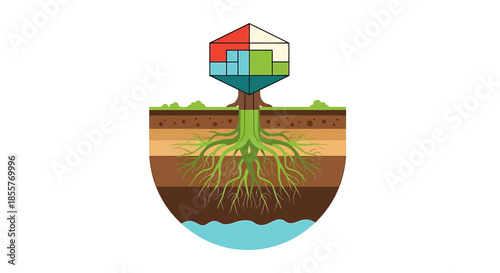 sustainable agriculture infographic with tree roots showing soil layers and groundwater conceptual diagram for education and environmental reports