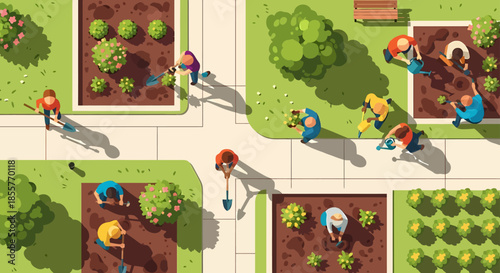 community garden volunteers working together in urban park beds from above diverse neighbors planting flowers for sustainability and local projects