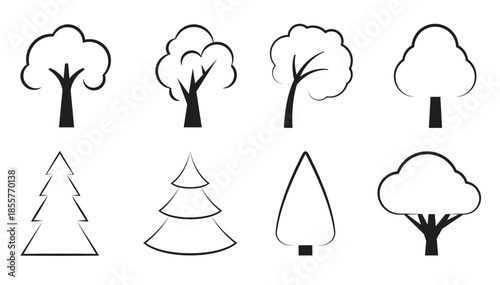 set of cortoon icons on a theme trees isolated